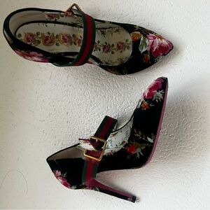 Gucci Black Floral Heels with hot pink